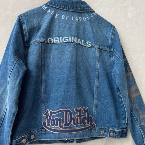 NEW Size Large Von Dutch Womens Cotton Denim Logo Patch Y2K Trucker Jacket - Picture 8 of 10